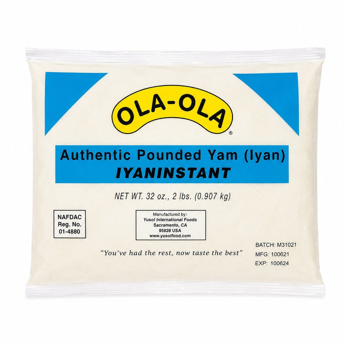 Ola Ola Authentic Pounded Yam Family Size, premium instant pounded yam flour for preparing smooth, traditional African pounded yam to enjoy with soups and stews.
