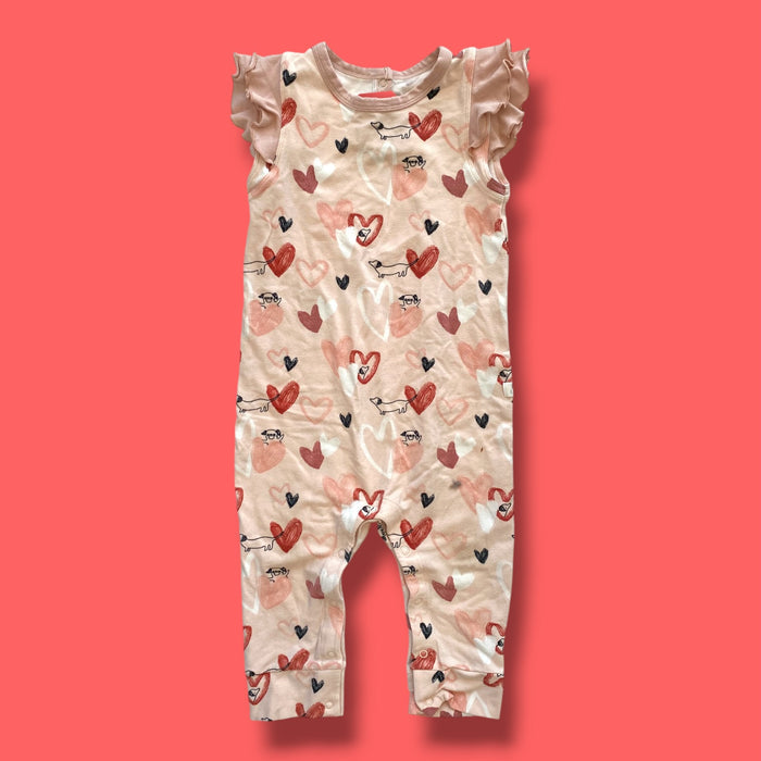 pink Loulou Lollipop dog hearts romper, 18-24m