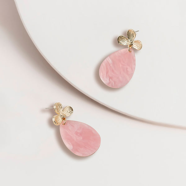 Pink Marbled Teardrop and Flower Post Earrings