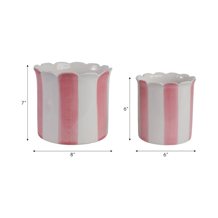 Pink Striped Scalloped Ceramic Planter