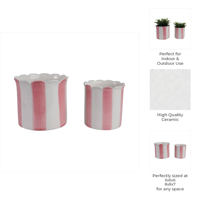Pink Striped Scalloped Ceramic Planter