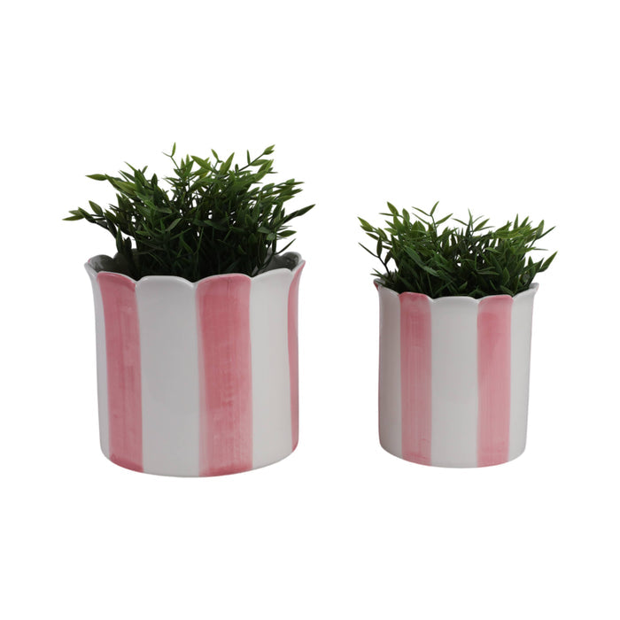 Pink Striped Scalloped Ceramic Planter