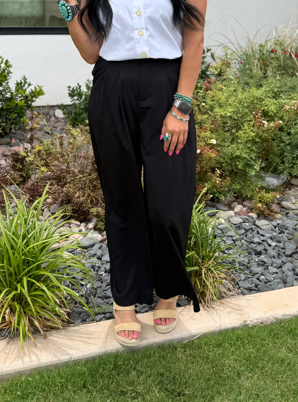 Pleated Wide Leg Pant- Black