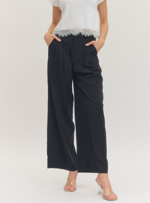 Pleated Wide Leg Pant- Black