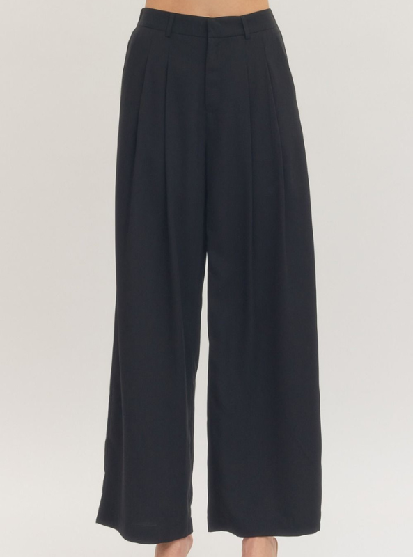 Pleated Wide Leg Pant- Black