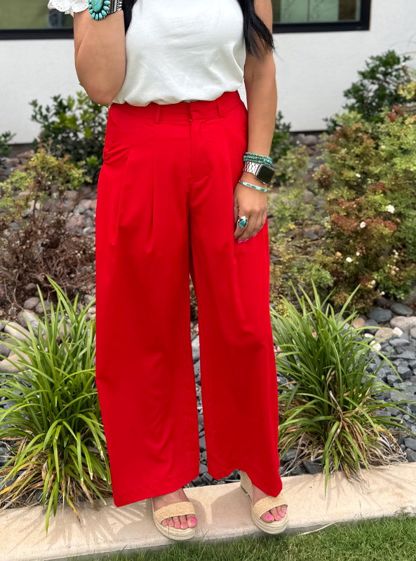 Pleated Wide Leg Pant- Red