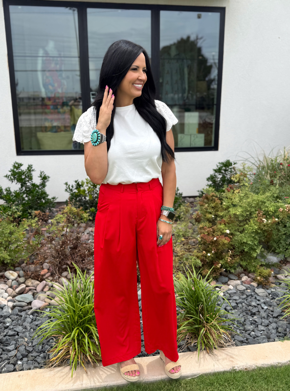 Pleated Wide Leg Pant- Red