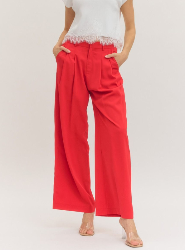 Pleated Wide Leg Pant- Red
