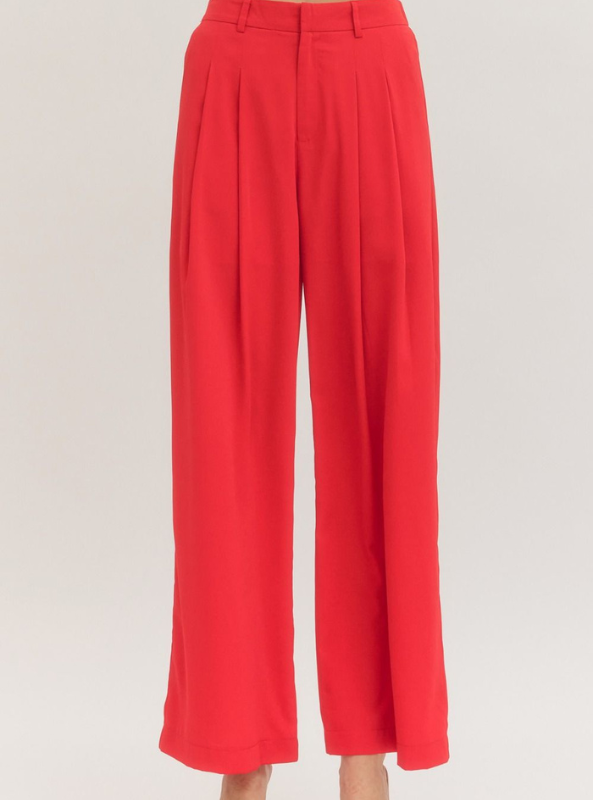 Pleated Wide Leg Pant- Red
