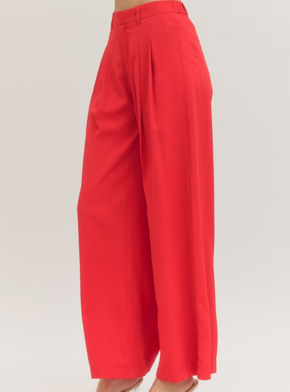 Pleated Wide Leg Pant- Red