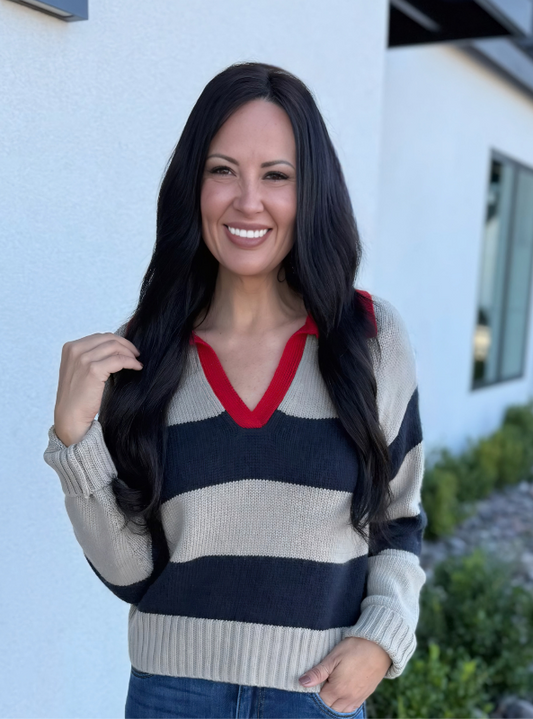 Pop Of Collar Contrast Sweater- Mocha Black