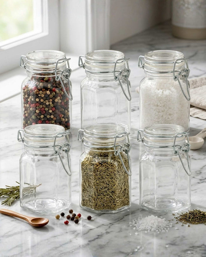 Glass storage jar set with clip-top lids, filled with spices and dried herbs