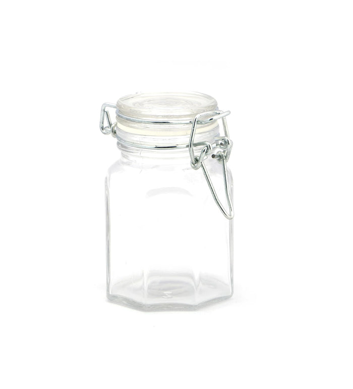 Clear glass storage jar with clip-top lid, empty