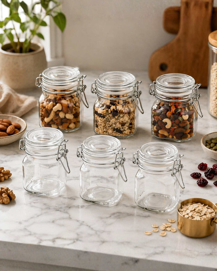 Airtight square glass jars with clip-top lids, filled with mixed spices and nuts