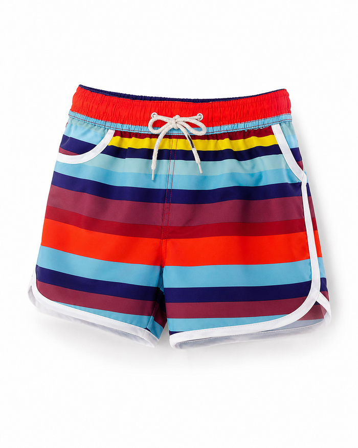 Boys striped swim shorts, red blue yellow bands, elastic waistband and drawstring