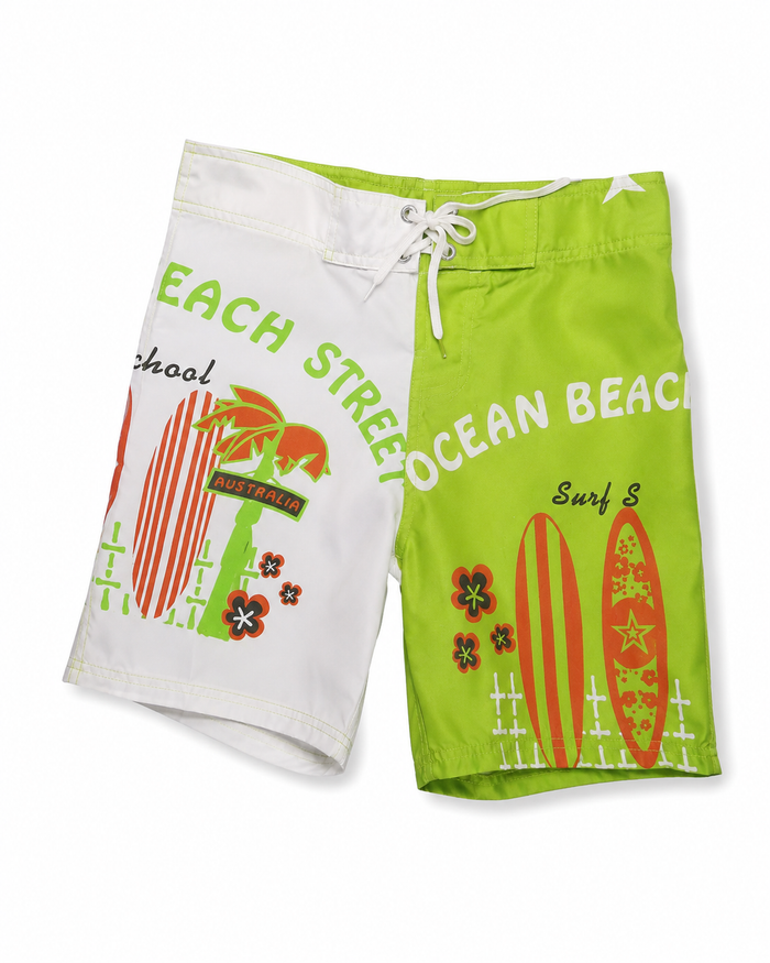 Boys' green and white swim shorts with surfboards, flowers, and beach graphic print
