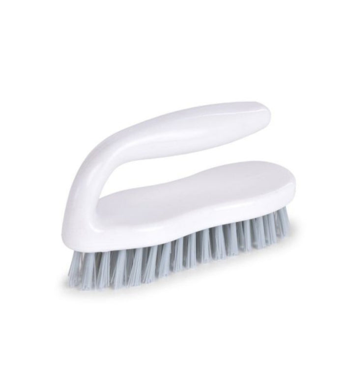 White handheld scrub brush with soft gray bristles and curved ergonomic handle