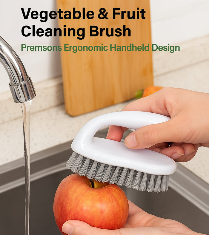 White cleaning brush with gray bristles, curved handle held by hand at sink