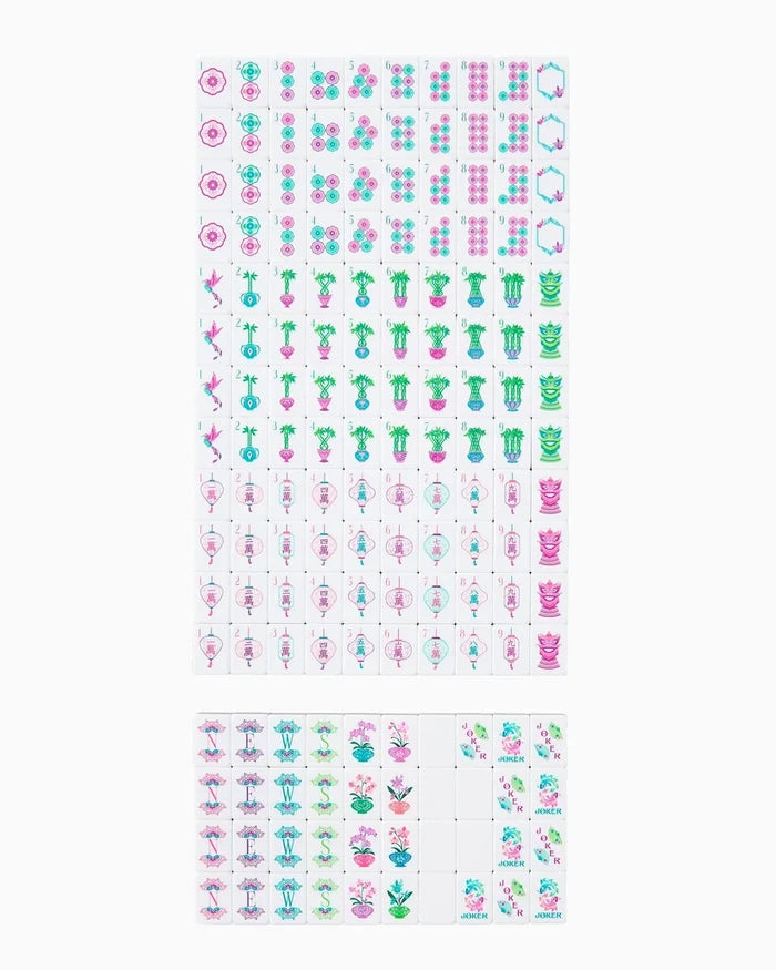 Mahjong tiles set laid out in rows showing mixed number and suit faces
