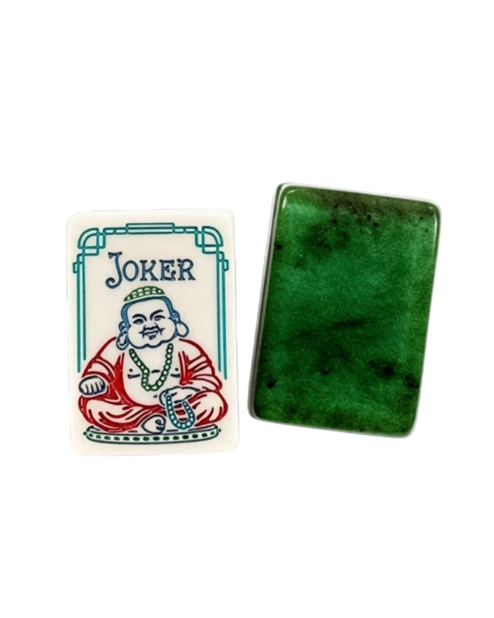 Pair of mahjong tiles: Joker face tile and green tile back