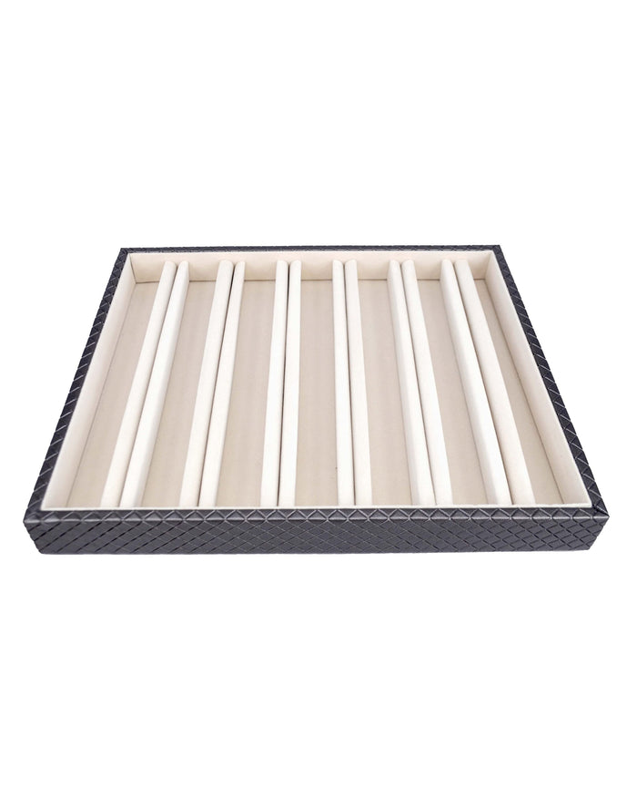 Multipurpose jewellery tray with cream vertical compartments and dark grey woven-style frame