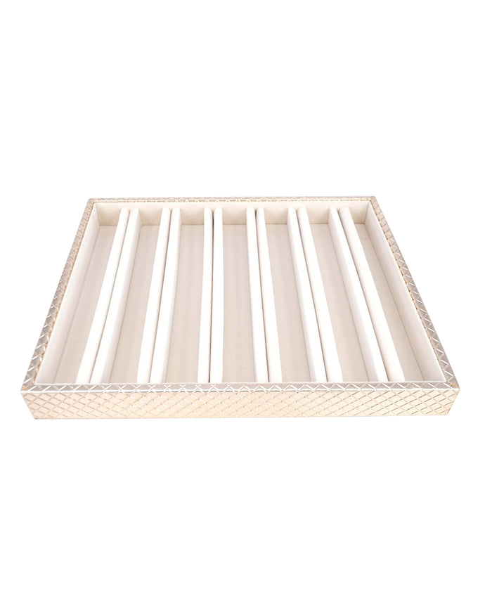 Jewellery tray with cream slotted insert and light grey woven-style frame