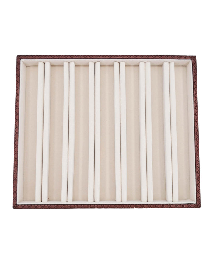 Jewellery tray with cream vertical slots and maroon patterned border