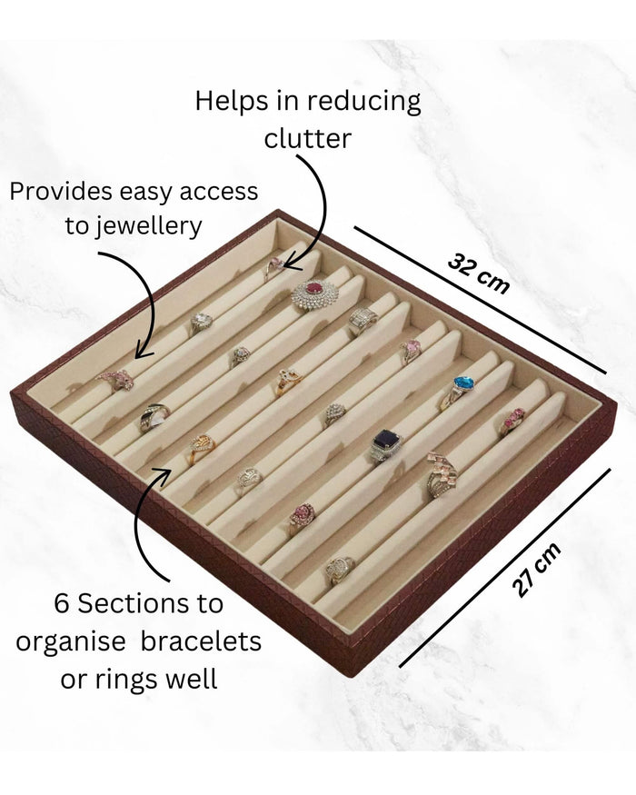 Brown 6-section jewellery tray with cream dividers and visible 32 cm and 27 cm size guides