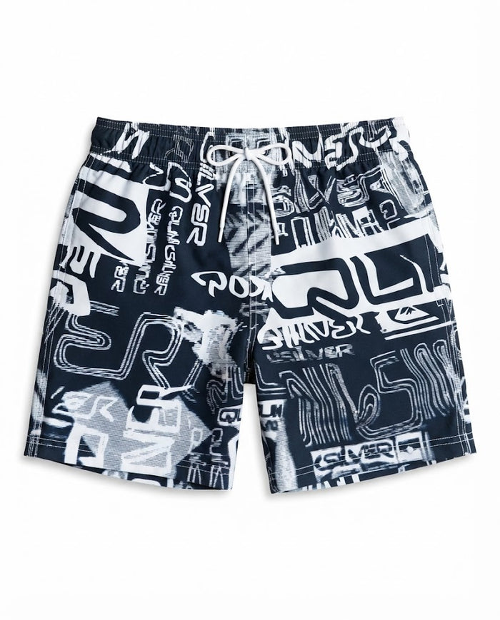 Kids printed swim shorts, dark navy with white abstract graphics, elastic waist and drawstring