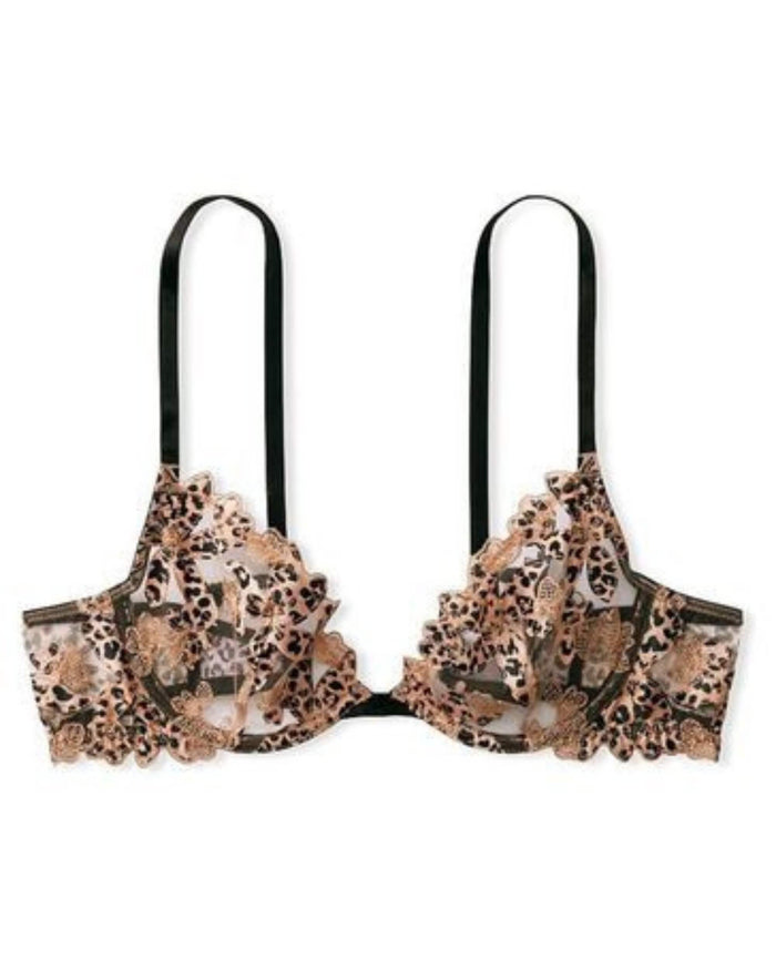 Leopard print lace underwire bra with thin black straps and scalloped edges