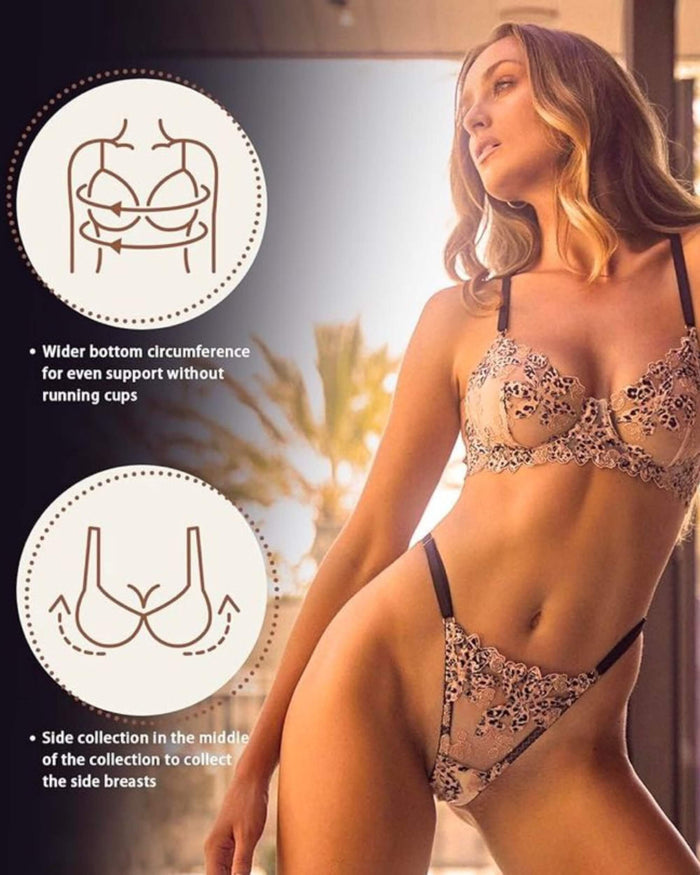 Leopard print lace bra and lace brief-style panties lingerie set with thin straps