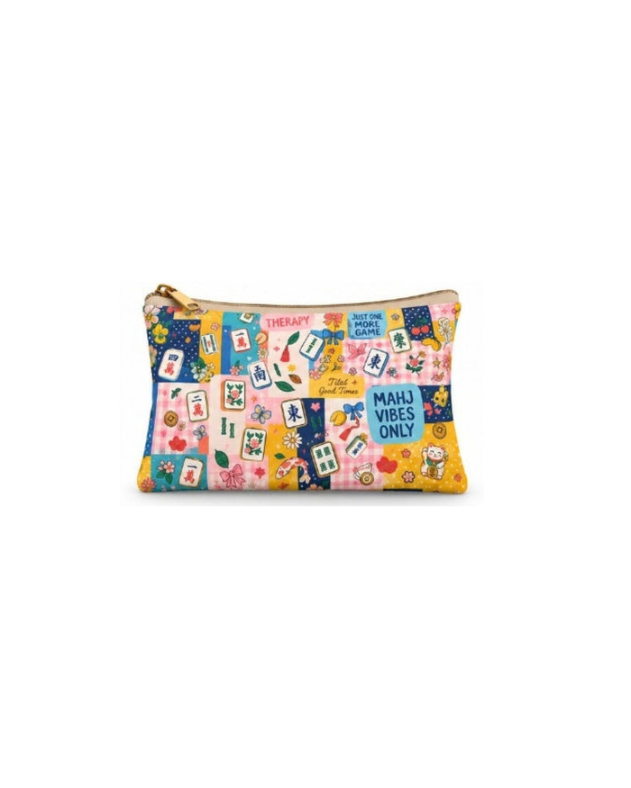 Printed vegan leather zipper pouch, rectangular shape, gold zipper pull