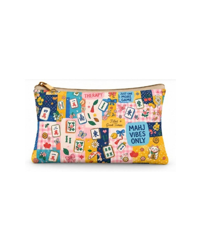Printed vegan leather zipper pouch with gold zipper pull and colorful graphics