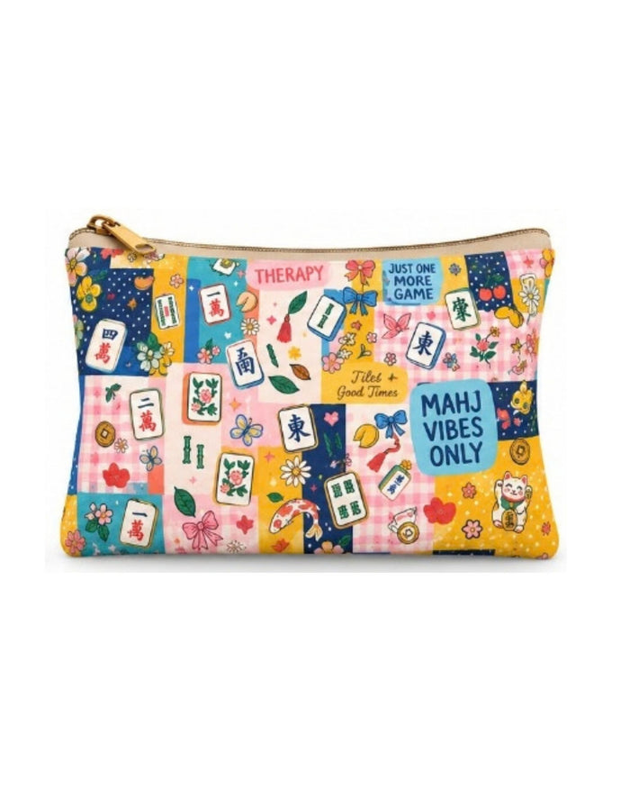 Colorful printed vegan leather zipper pouch with gold zipper pull