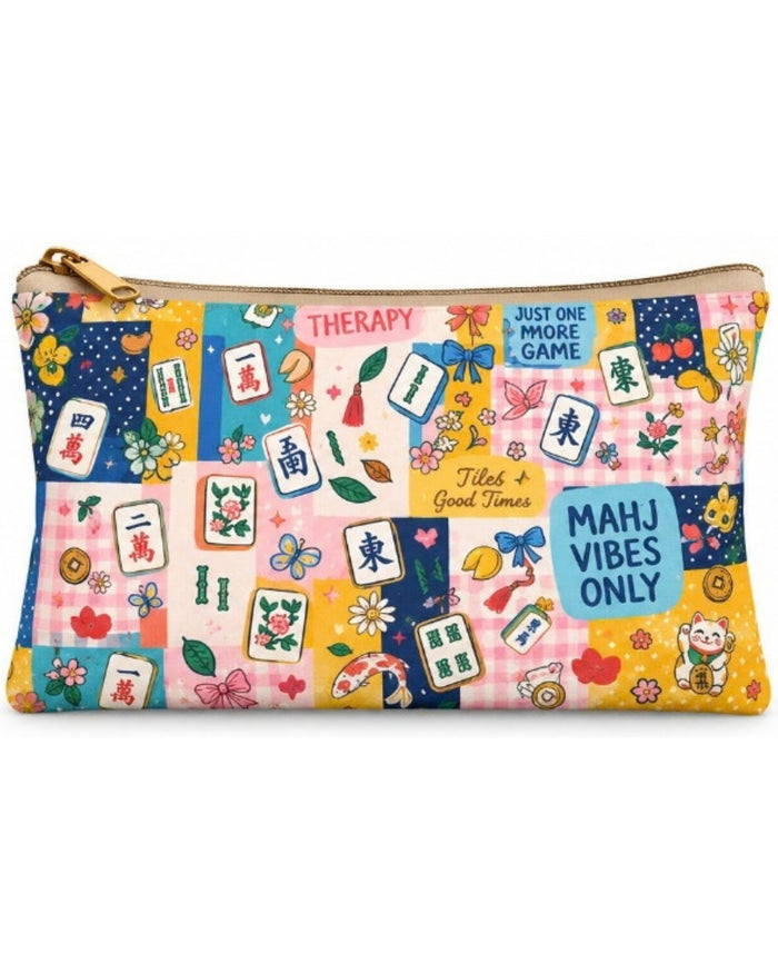 Printed vegan leather zipper pouch with gold zipper pull and illustrated design