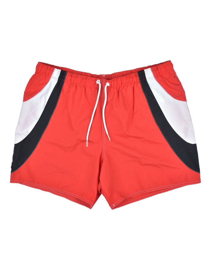 Men's red swim shorts with black-and-white side panels, drawstring waist