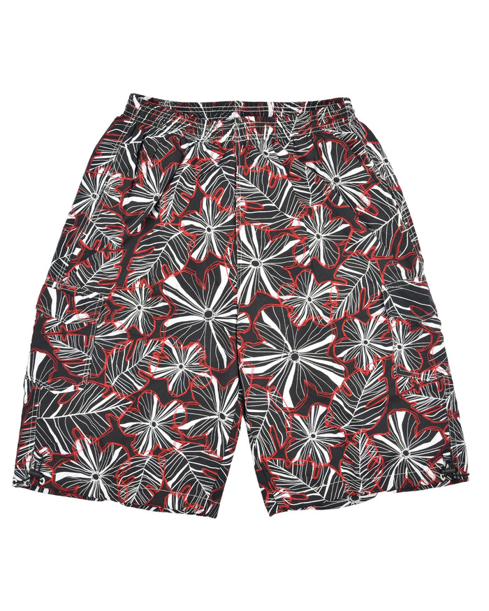 Men's swim shorts with red, white and black floral pattern; drawstring waist
