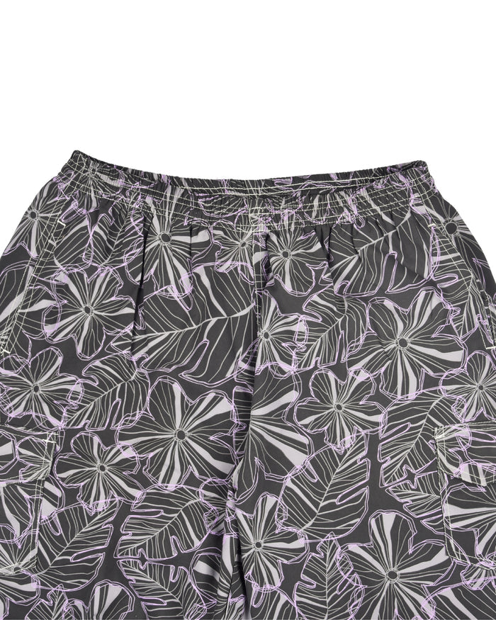 Men’s swim shorts with allover leaf floral print, elastic waistband and drawstring