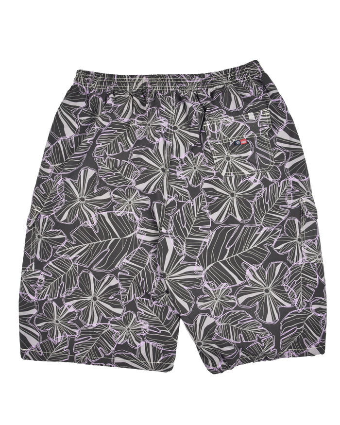 Men’s swim shorts with allover leaf floral print and elastic waistband