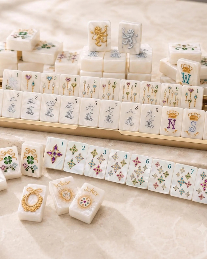 Mahjong tiles in rows with jeweled motifs, crowns, and suit characters on white faces