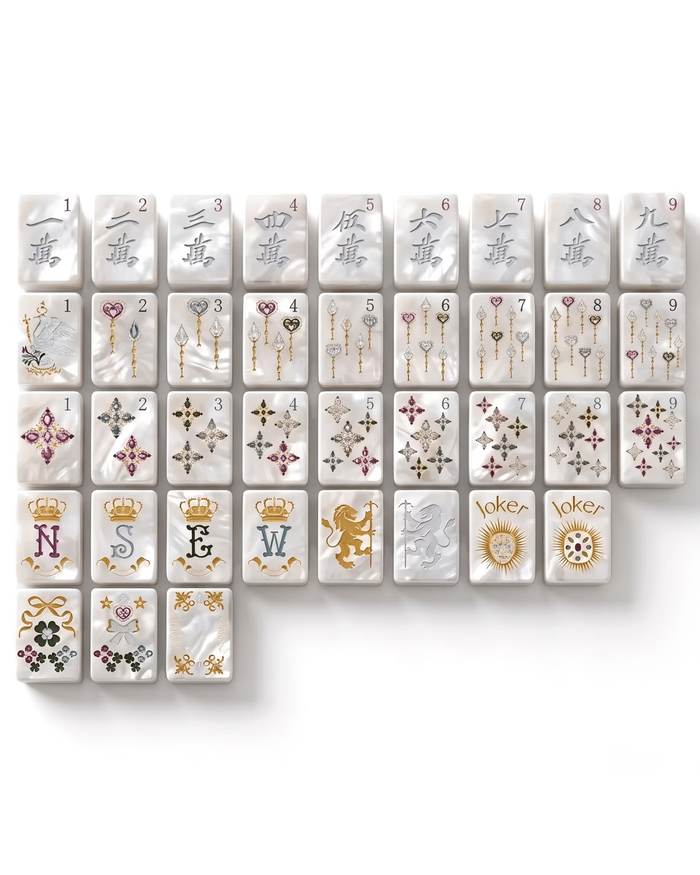 Mahjong tile set arranged in a grid on white tiles with numbered suit symbols