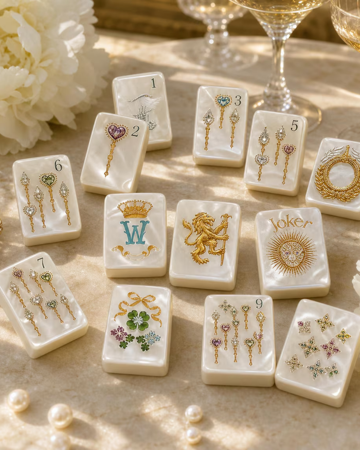 Pearlescent mahjong tiles with colored jeweled ornaments and golden dangling charms