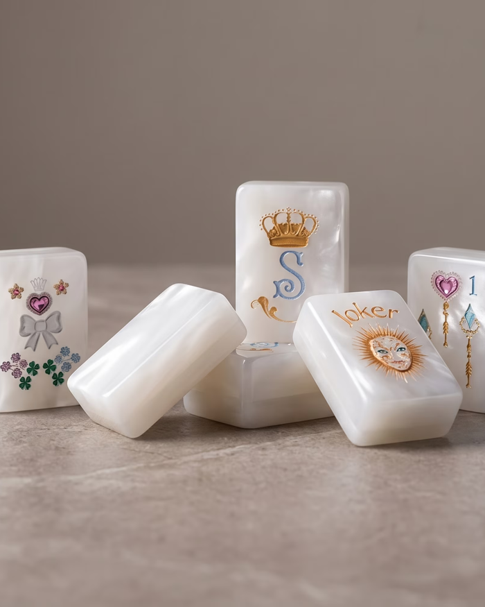 Three white mahjong tiles showing crown, “Joker”, and heart number designs