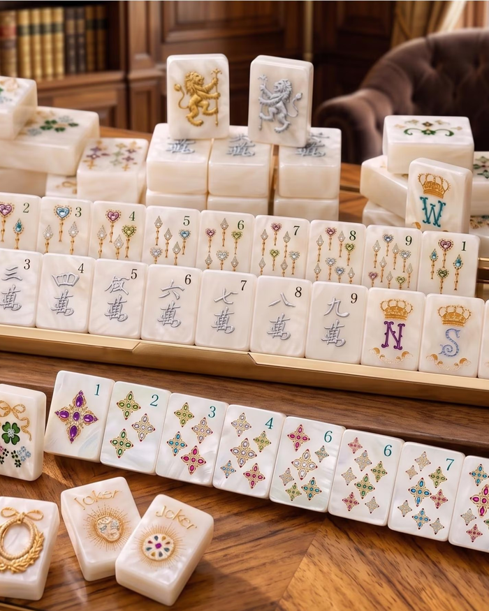 Mahjong tile rack layout with joker tiles and suit symbols on white tile faces