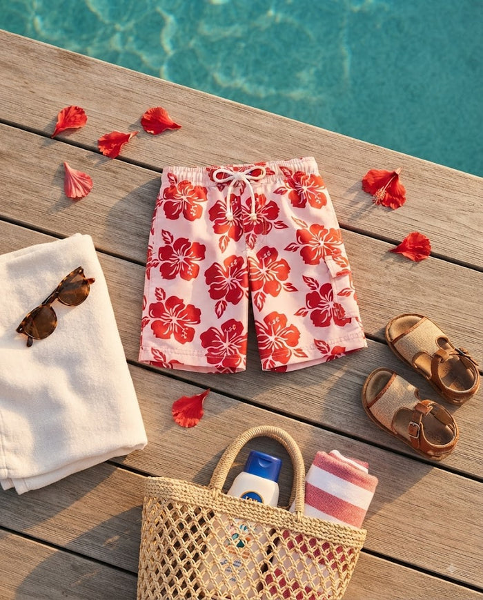 Kids swim shorts, pink with red hibiscus floral pattern and white lace-up drawstring