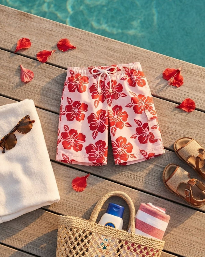 Kids swim shorts flat lay, pink with red floral print and white drawcord ties