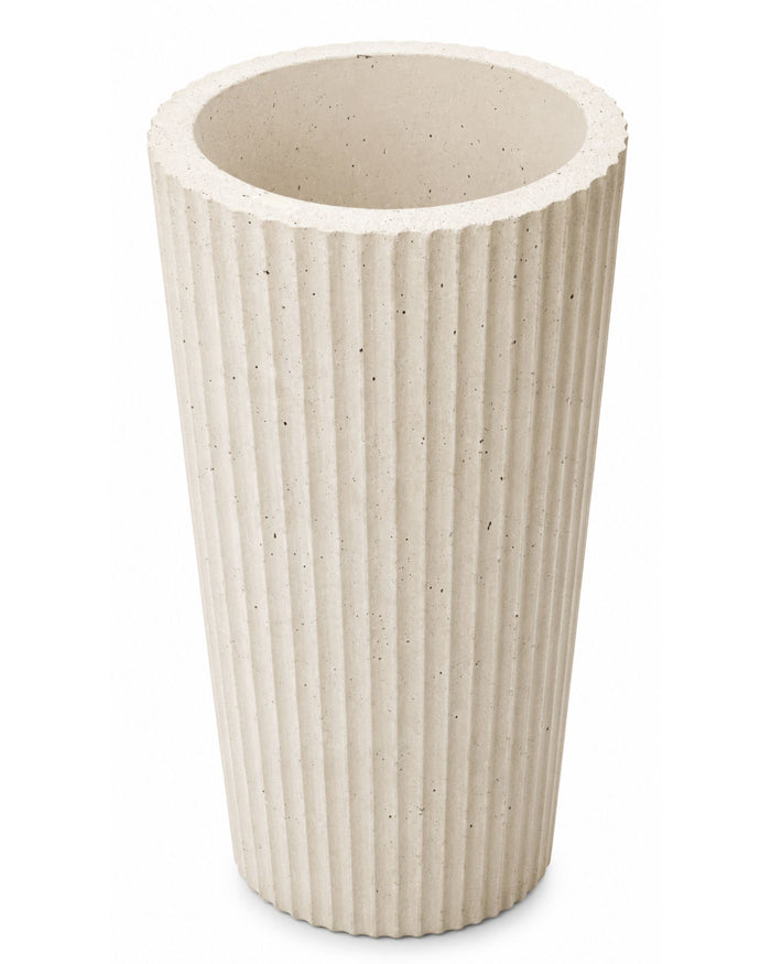 Tall fluted concrete planter with circular opening and vertical ridges in off-white