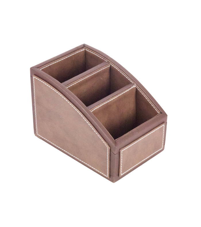 Two-tone remote holder organizer with 3 compartments, brown, curved edges