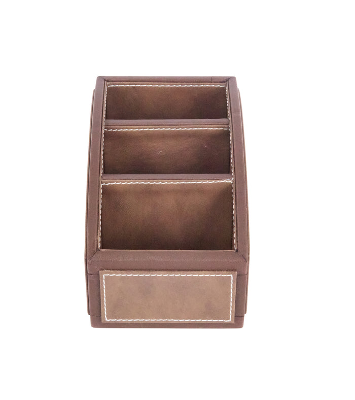 Two-tone remote holder with three slots, brown with lighter trim, curved design