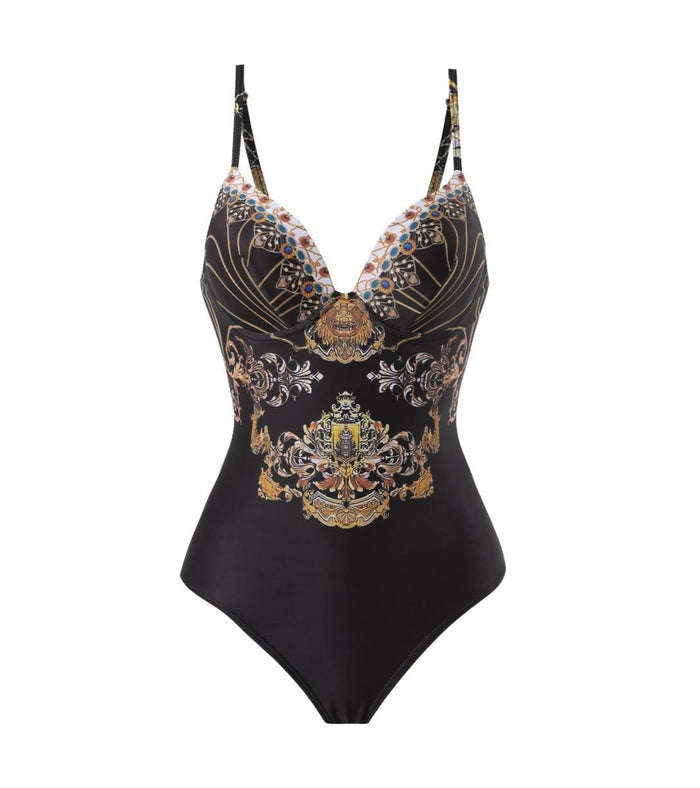 One-piece swimsuit with V-neck, black and gold baroque print, thin shoulder straps